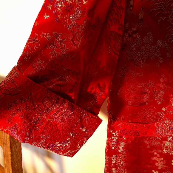 PEONY Brand Red Japanese Garden Print Long Kimono Duster 40 Large Silky Dramatic - Picture 3 of 6